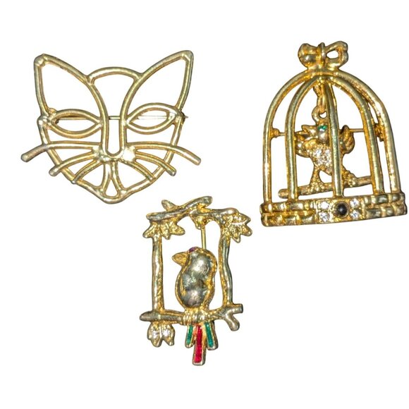 Gold-Tone Cat & Birdcage Pins Set Of 3 - Picture 1 of 7